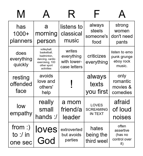 marfa kinlist Bingo Card
