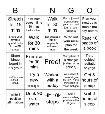 New Year Self Care Bingo Challenge Bingo Card