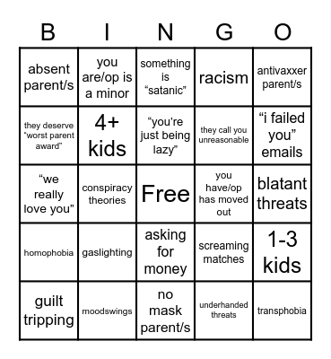 r/InsaneParents Bingo Card