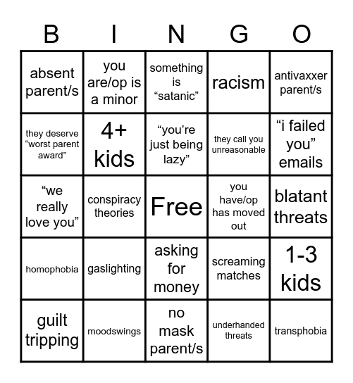 r/InsaneParents Bingo Card