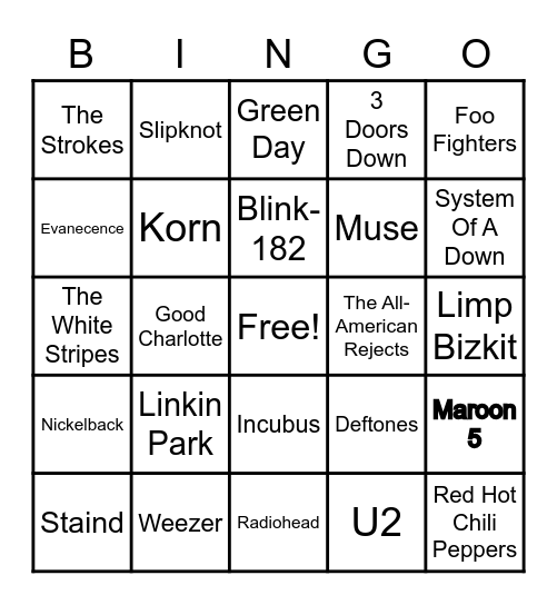 Top Bands From 2000 Bingo Card