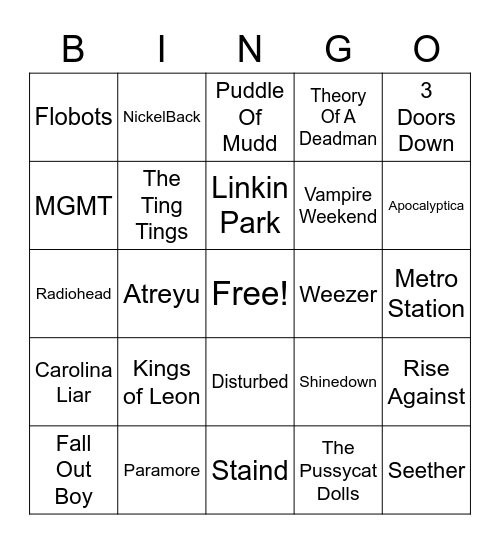 Top Bands From 2008 Bingo Card