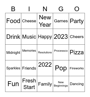 New Years Eve 2022 Bingo Card