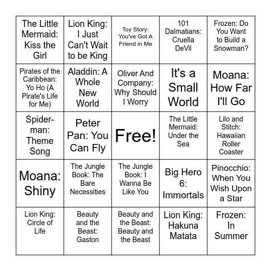 Disney Songs Bingo Card