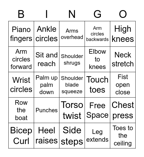 Seated Exercise Bingo Card