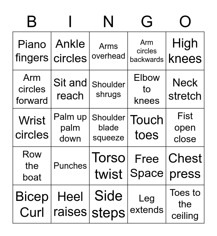 Seated Exercise Bingo Card