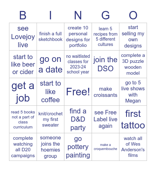 Sera's Personal Life Bingo Card