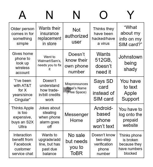 Annoying Bingo Card