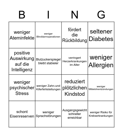 Vorteile des Stillens Bingo Card