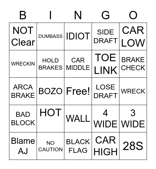 Talladega Bingo Card