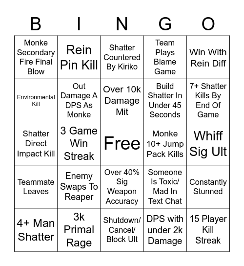 Overwatch Bingo for Rein, Winston, and Sigma Bingo Card