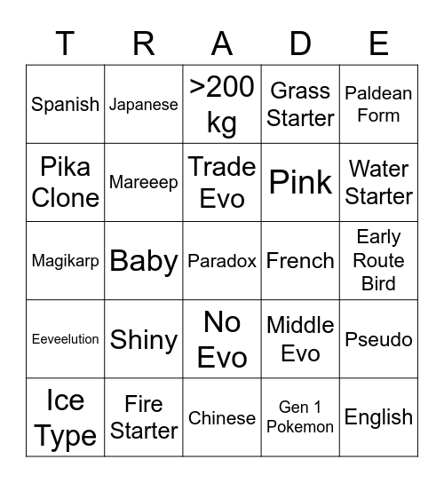 Surprise Trade Bingo Card