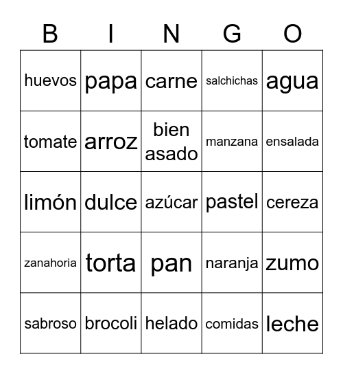 comida Bingo Card