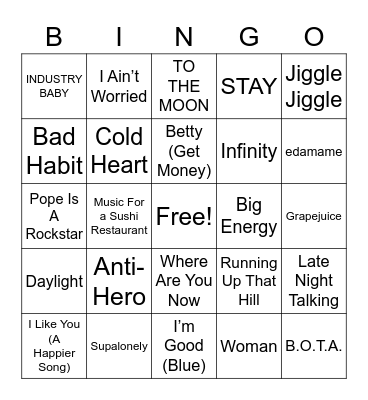 2023 NYE Bingo Card