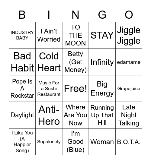 2023 NYE Bingo Card