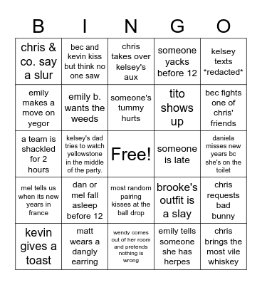 Kelsey's New Years Rockin' Eve Bingo Card