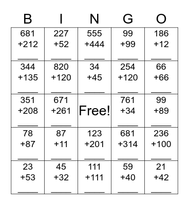 Double and Triple Digit Addition  Bingo Card