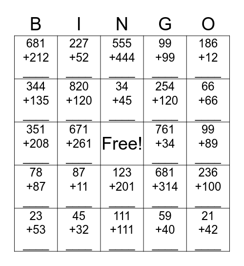 Double and Triple Digit Addition  Bingo Card