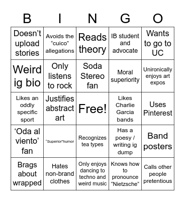 Pretentious Bingo Card
