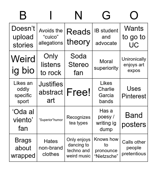 Pretentious Bingo Card