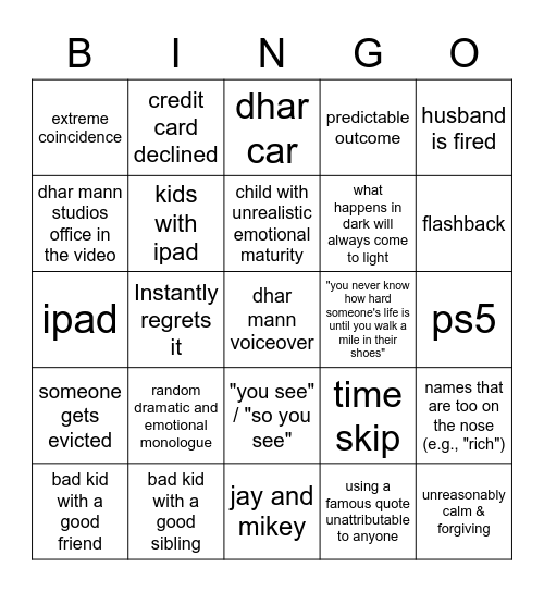 Dhar Mann Bingo v2 Bingo Card