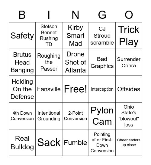 2022 Peach Bowl Bingo Card