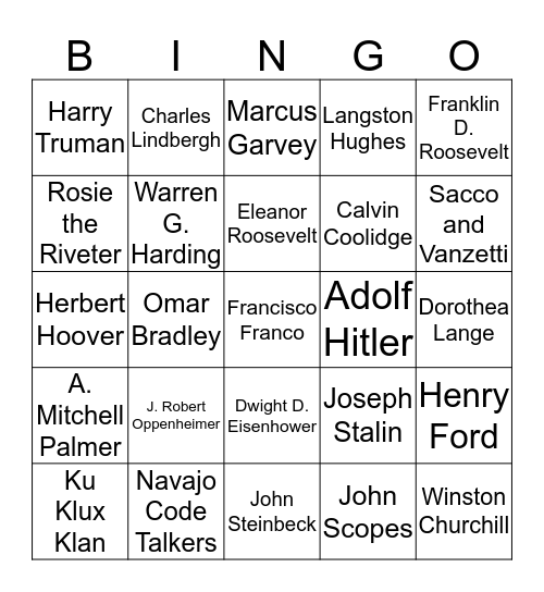 Imp. People 20's, 30's, and 40's Bingo Card