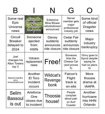 /r/rollercoasters Discord Bingo 2023 Bingo Card