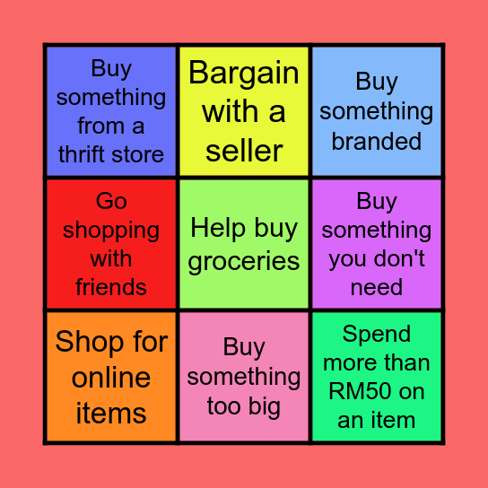 1 Harmony Bingo Challenge: Shopping Edition Bingo Card