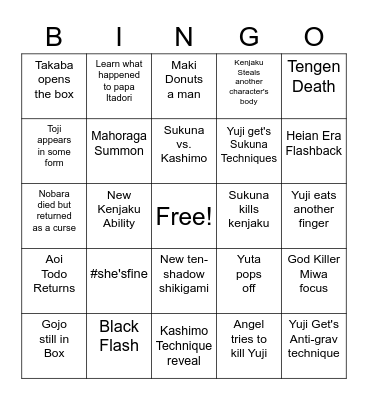 Jujustu Kaisen 2023 Bingo Card Bingo Card