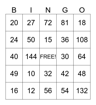 Multiplication Bingo Card