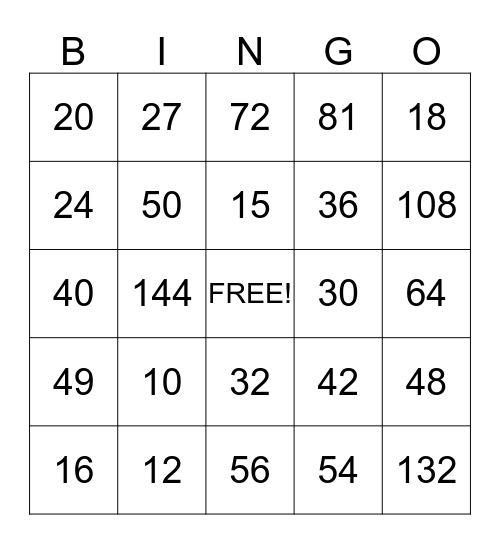 Multiplication Bingo Card