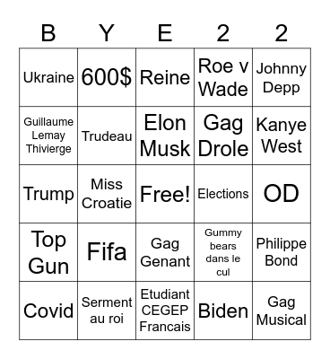 Bye Bye 2022 Bingo Card