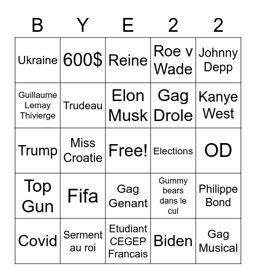 Bye Bye 2022 Bingo Card