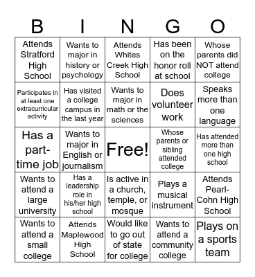 College Bound Bingo Card