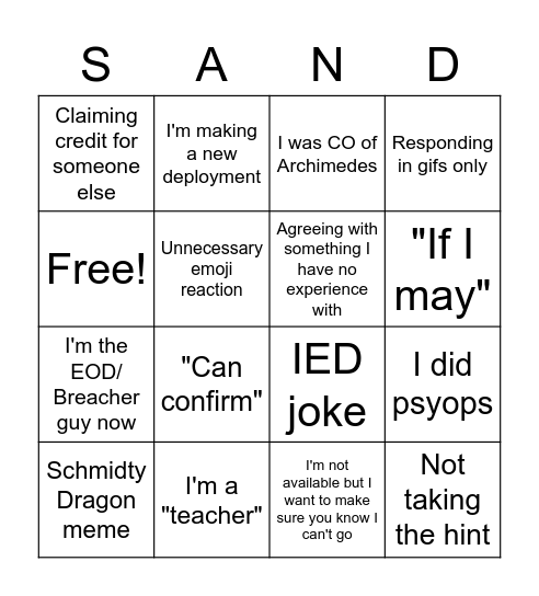 Sandman Bingo Card