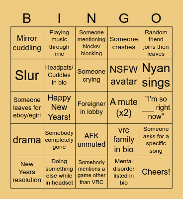 VRC New Years Bingo Card