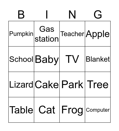 Noun Bingo Card