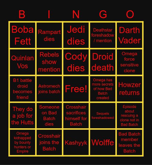 Bad Batch Season 2 Bingo Card