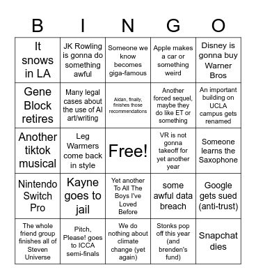 Aidan's 2023 Bingo Card