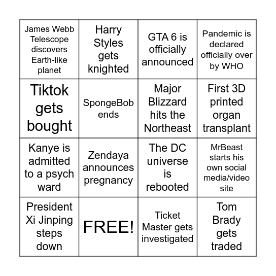 2023 Predictions Bingo Card