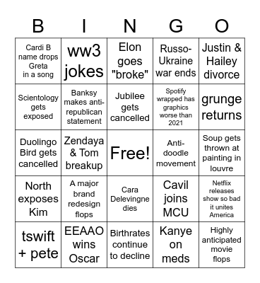 Alia's 2023 Predictions Bingo Card