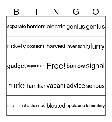 3rd Vocabulary Bingo Card