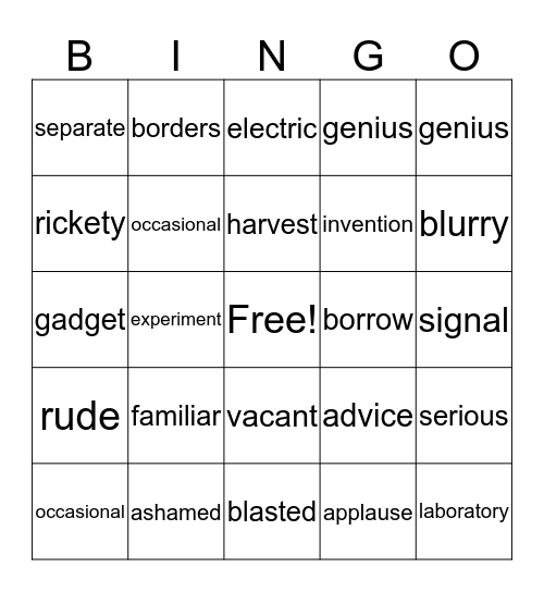 3rd Vocabulary Bingo Card