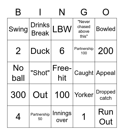 Cricket Bingo Card