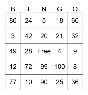 Multiplication Bingo Card