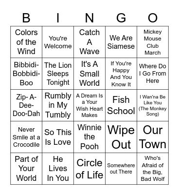 Songs From Disney Movies Bingo Card