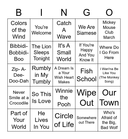 Songs From Disney Movies Bingo Card