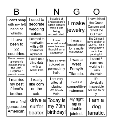FPC Women's Retreat 2013 Bingo Card