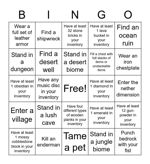 Minecraft Bingo Card